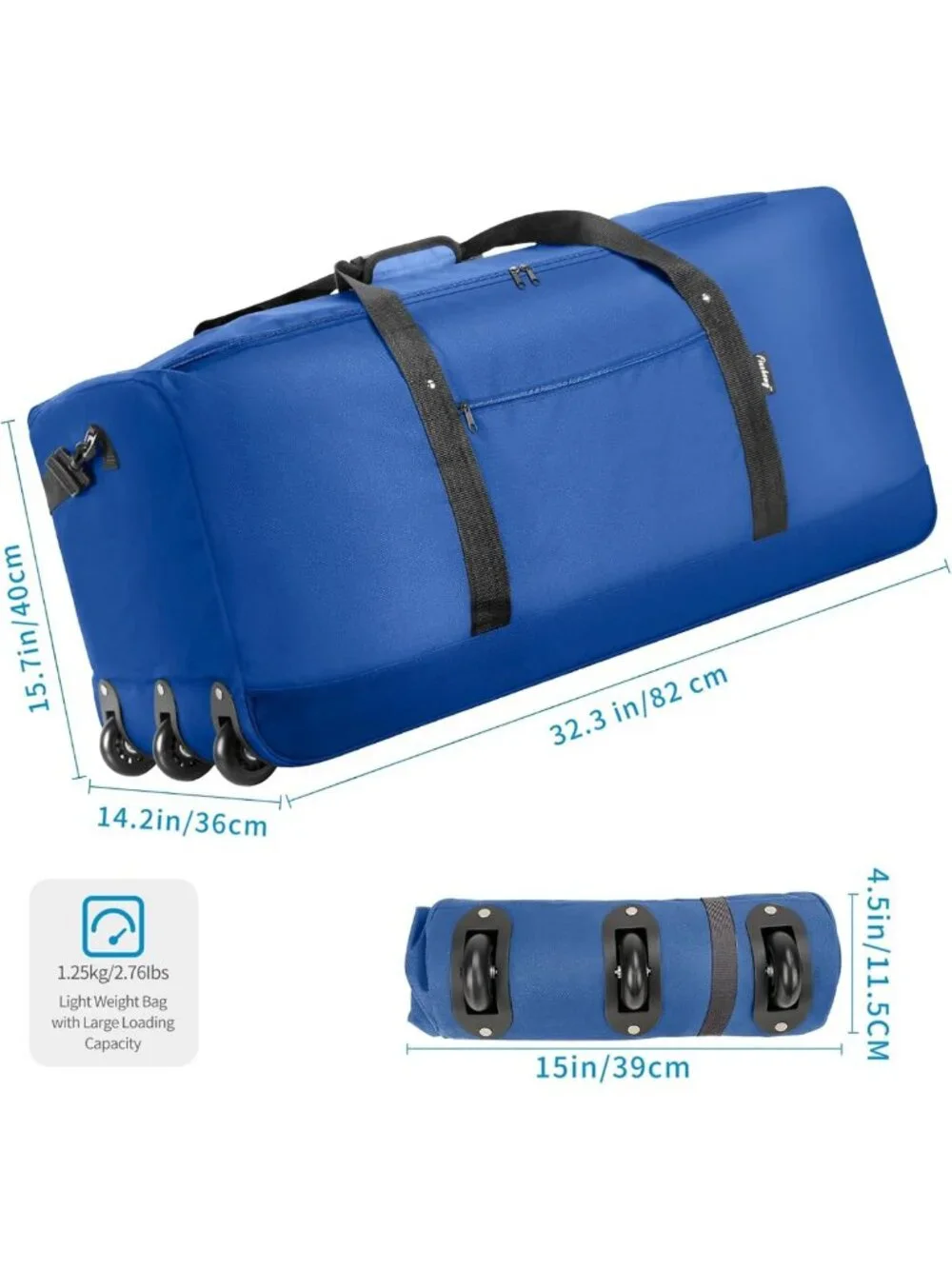 120L Lightweight Foldable Rolling Duffel Bag with 3 Wheels & Shoulder Strap